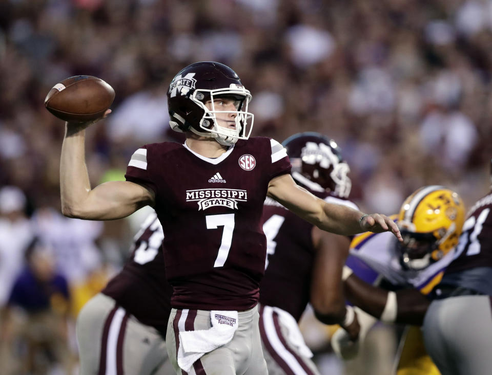 Mississippi State quarterback Nick Fitzgerald (7) prepares to pass against LSU during the first half of their NCAA college football game against in Starkville, Miss., Saturday, Sept. 16, 2017. (AP Photo/Rogelio V. Solis)