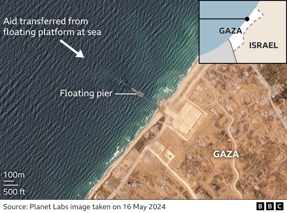 Satellite image showing the Gaza floating pier and how it will deliver aid