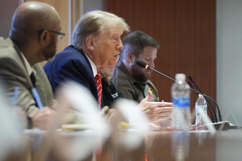 Republican presidential candidate former President Donald Trump speaks as he meets with members of the International Brotherhood of Teamsters at their headquarters in Washington, Wednesday, Jan. 31, 2024. (AP Photo/Andrew Harnik)