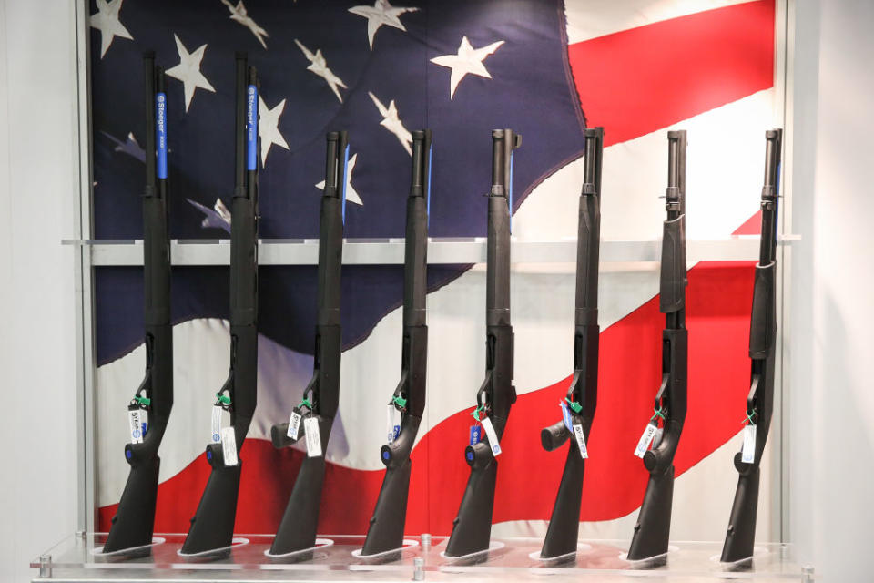 Firearms are pictured in an exhibit hall at the Kay Bailey Hutchison Convention Center during the NRA's annual convention in Dallas, Texas. Source: Getty