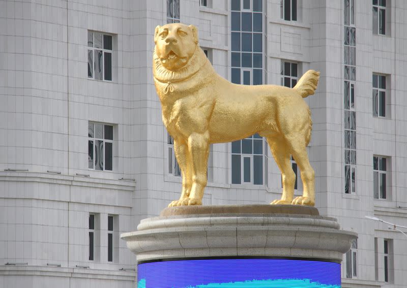 A view shows a statue of a Turkmen shepherd dog, locally known as Alabai, in Ashgabat