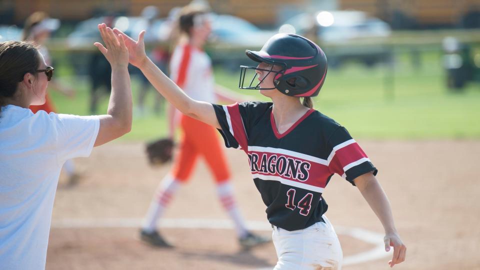 Kingsway's Brianna Sciulli reacts after hitting a single during the South Jersey Group 4 quarterfinal softball playoff game between Kingsway and Cherokee played at Kingsway Regional High School in Woolwich Township on Thursday, May 19, 2022.  Kingsway defeated Cherokee, 9-4.