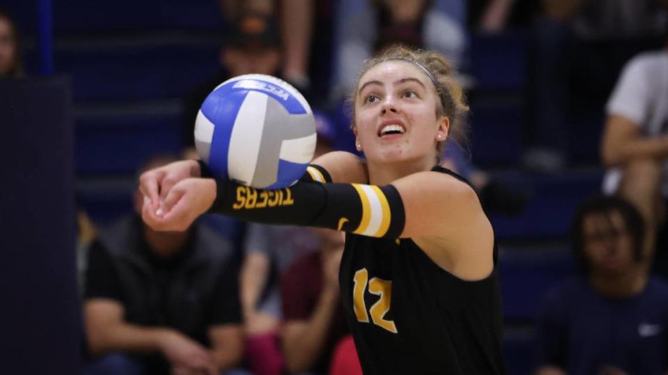 Laela Burgess bumps the ball to a teammate. Cowitz Gymnasium at Mission Prep was full and loud as the San Luis Obispo Tigers girls volleyball team beat the Royals 3-0 Sept. 26, 2023.