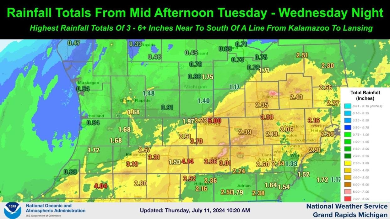 Rainfall totals from the remnants of Hurricane Beryl across Michigan from Tuesday afternoon through Wednesday.