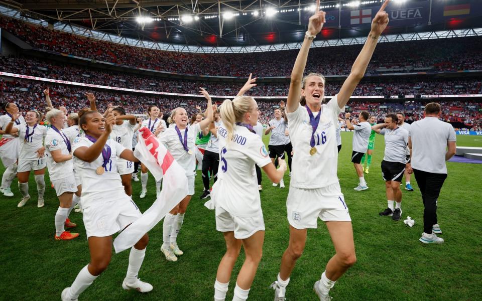 Jill Scott leads the celebrations at Wembley - GETTY IMAGES