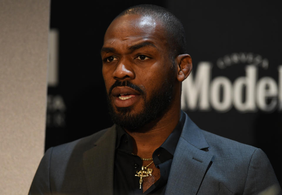 HOUSTON, TEXAS - FEBRUARY 06: Jon Jones interacts with media during the UFC 247 Ultimate Media Day at the Crowne Plaza Houston River Oaks on February 06, 2020 in Houston, Texas. (Photo by Josh Hedges/Zuffa LLC)