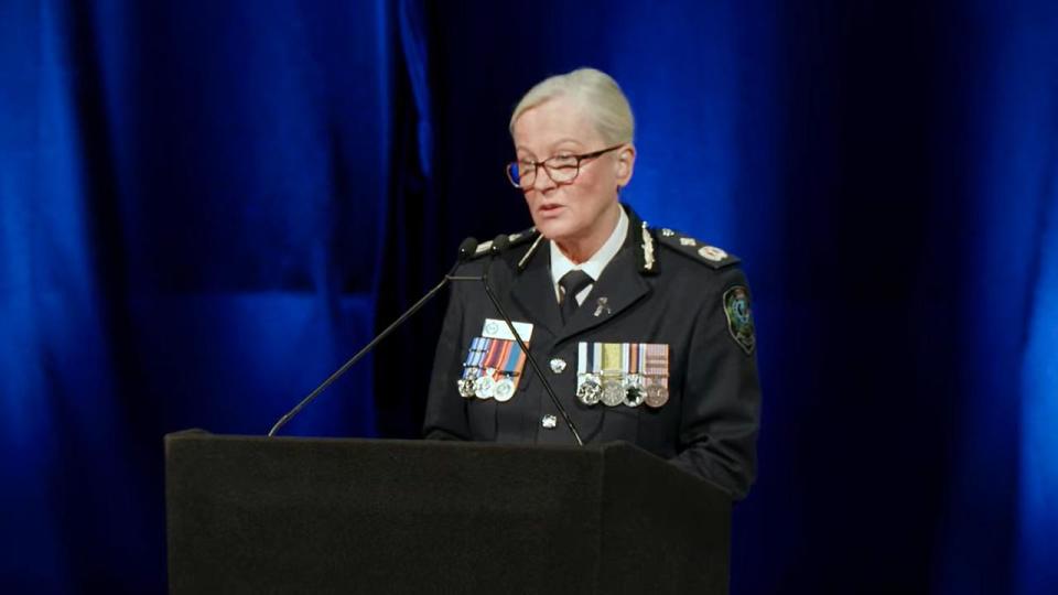 04/12/2023 Acting Comissioner Linda Williams speaks at the Funeral for Brevet Sergeant Jason Christopher Doig at Adelaide Convention Centre. Livestream: YouTube