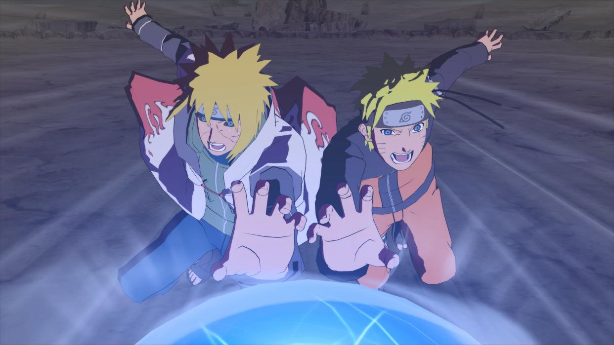  Naruto and his dad use rasengan in a screenshot from Naruto X Boruto. 