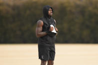 Philadelphia Eagles' A.J. Brown looks on during practice at the NFL football team's facility in Philadelphia, Thursday, Jan. 12, 2023. (AP Photo/Matt Rourke)