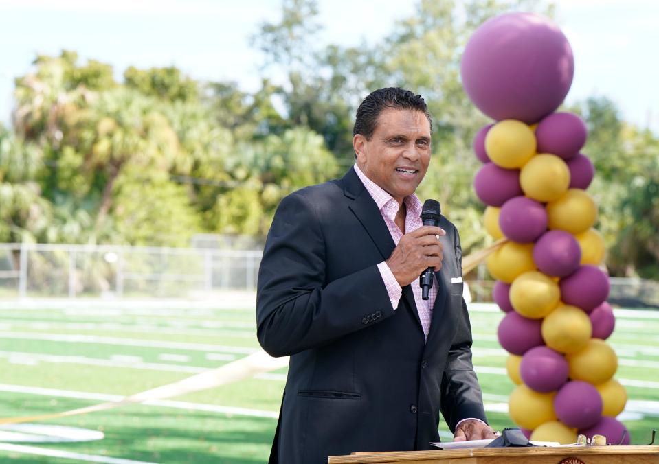 Reggie Theus, Bethune-Cookman athletic director, speaks to the crowd during the ribbon-cutting ceremony for the new on-campus football practice field, Friday, Oct. 13, 2023.