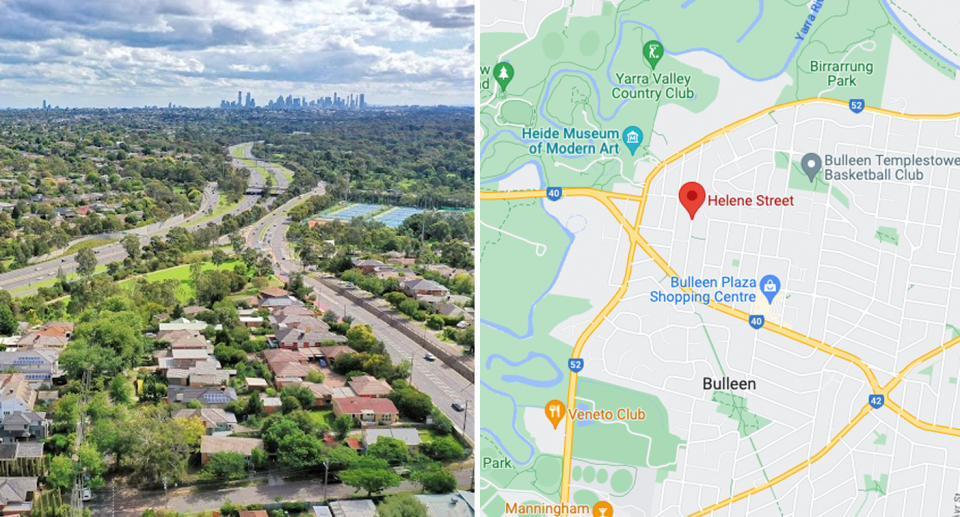 A photo of Bulleen from above. A Google Maps photo of Helene Street, where a 33-year-old woman was found naked with cuts and bruises.