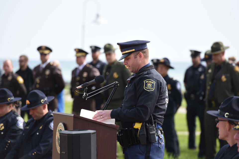 Michigan State Police Lt. Dave Busacca speaks at the Peace Officer Memorial Day ceremony in Port Huron on May 15, 2024.