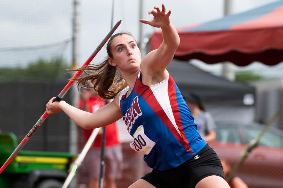 Fort LeBoeuf's Audrey Friedman shows her form in the javelin Friday at the PIAA track and field championships at Shippensburg University. She won the Class 2A state title with a throw of 142 feet, 9 inches.