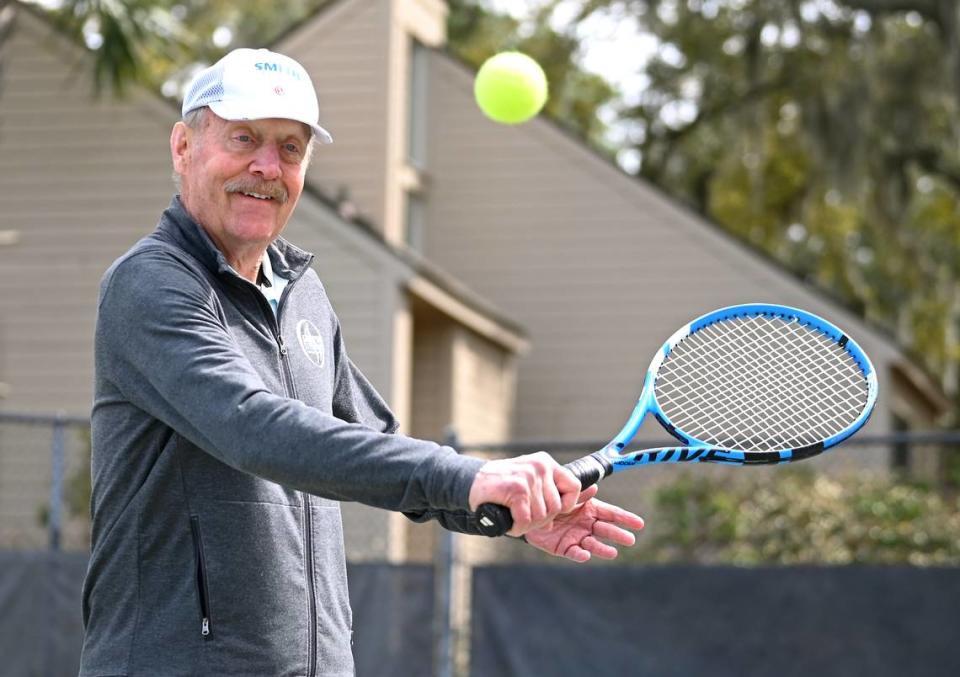 Former professional tennis player Stan Smith hits a backhand volley on Monday, March 11, 2024. Smith won the 1971 US Open and the 1972 Wimbledon Championships. He was ranked No. 1 in the world in 1972. Smith is also known as the namesake of the popular Adidas tennis shoe that has sold more than 100 million pairs.