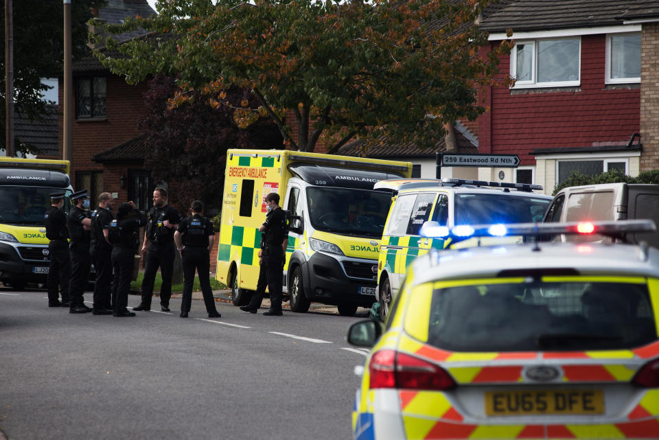 Police officers and ambulance crew attend following the stabbing of UK Conservative MP Sir David Amess as he met with constituents on October 15, 2021 in Leigh-on-Sea, England.  / Credit: Getty Images