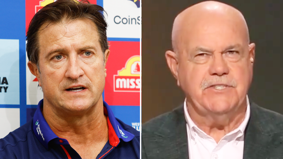 AFL great Leigh Matthews (pictured right) has questioned Luke Beveridge's (pictured left) 'mixed messages' during his post-match press conference. (Images: Getty Images/Channel Nine)