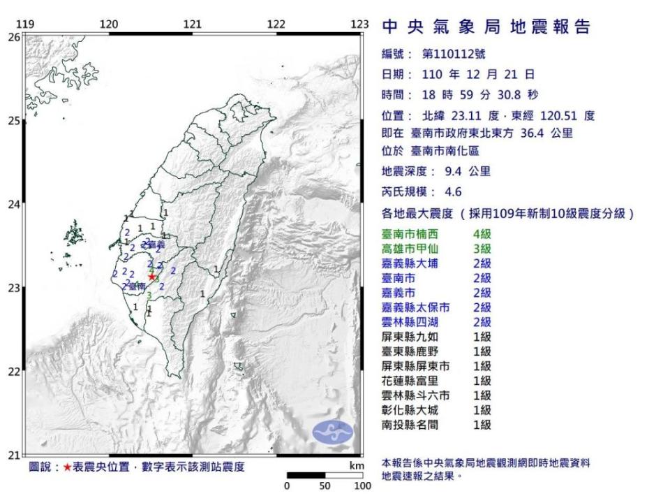 昨晚規模四點六的地震，震央在台南南化。（中央氣象局）