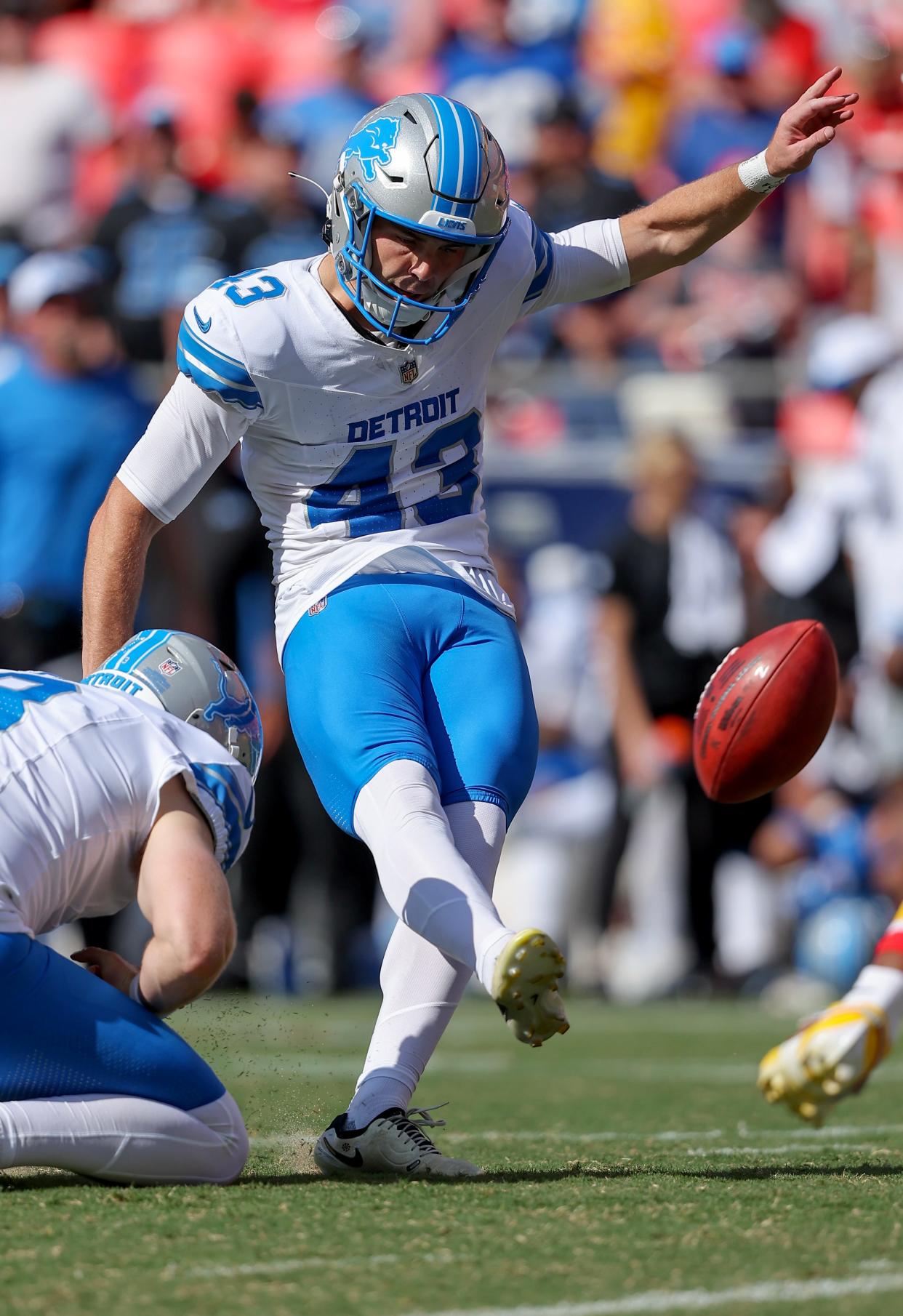 Jake Bates of the Detroit Lions kicks a second-quarter field goal during a preseason game against the Kansas City Chiefs at GEHA Field at Arrowhead Stadium in Kansas City, Missouri, on Saturday, Aug. 17, 2024.