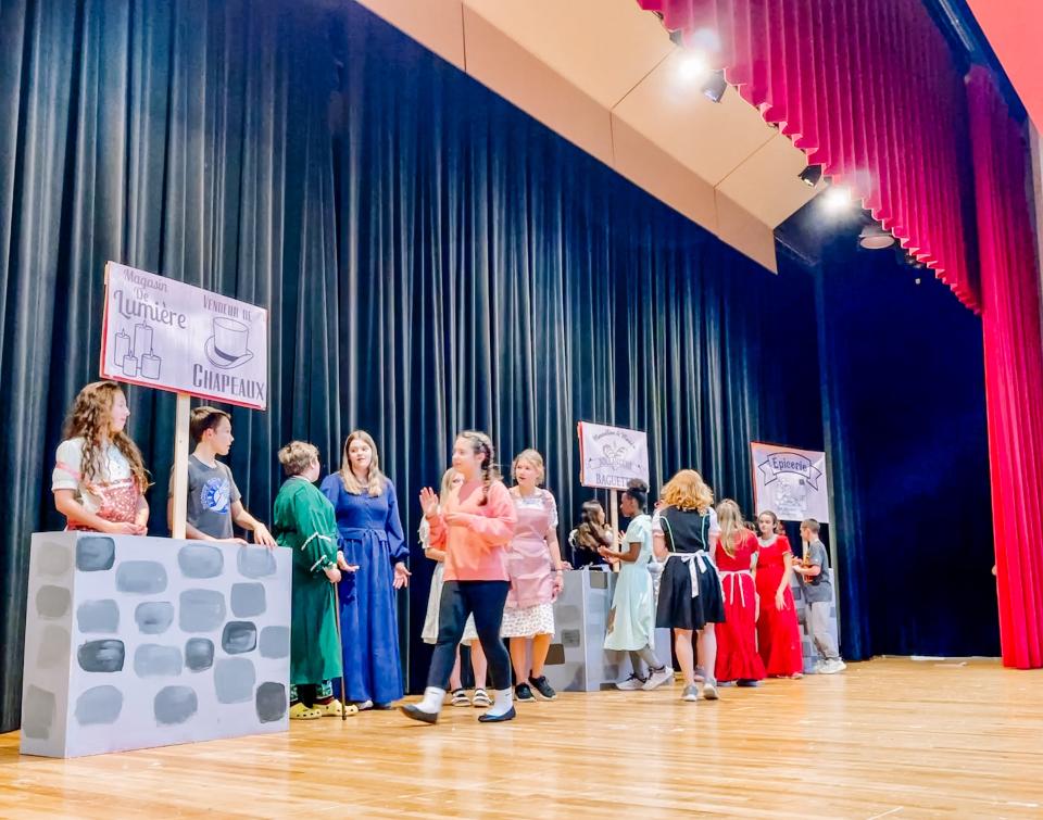 The cast for “Beauty and the Beast Jr.” rehearses at South-Doyle Middle School, Feb. 22, 2023.