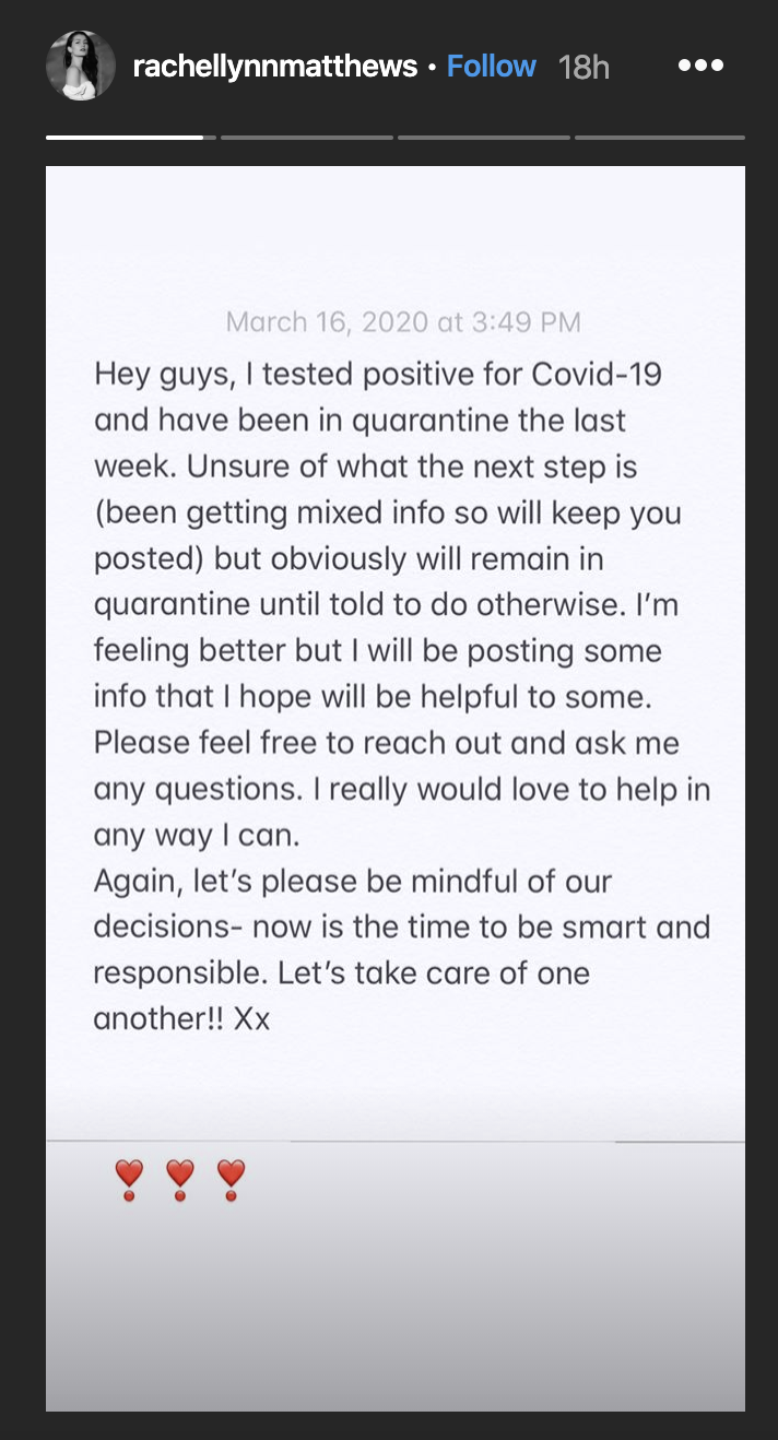 Influencer Rachel Matthews has tested positive for COVID-19. (Photo: Instagram)