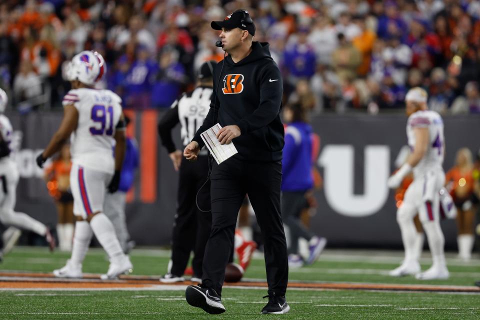 Head coach Zac Taylor of the Cincinnati Bengals looks on after the game against the Buffalo Bills was suspended (Getty Images)
