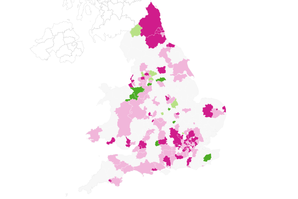 Map from the website predicting the chance the number of coronavirus cases in the area are increasing or decreasing. The darker the shade of purple the more likely it is cases are increasing, the darker shade of the green the more likely it is cases are decreasing. Areas in grey are too hard to predict at this time. (Imperial College London)