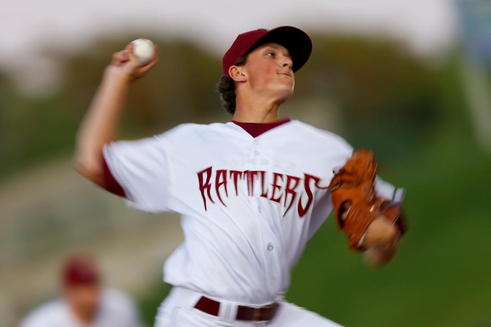 Wisconsin pitcher Reese Olson (16) delivers a pitch during the MiLB game between the Clinton LumberKings and Wisconsin Timber Rattlers on July 30, 2019 at Neuroscience Group Field at Fox Cities Stadium in Grand Chute, Wis. Wisconsin lost 8-3.