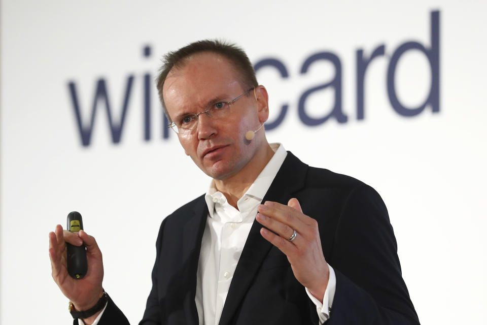 FILE - In this Thursday, April 25, 2019 file photo, Markus Braun, CEO of financial services company wirecard, attends the earnings press conference in Munich, Germany. German lawmakers say they plan to question Chancellor Angela Merkel and her deputy about their involvement with the collapsed payment systems provider Wirecard next month. (AP Photo/Matthias Schrader, file)