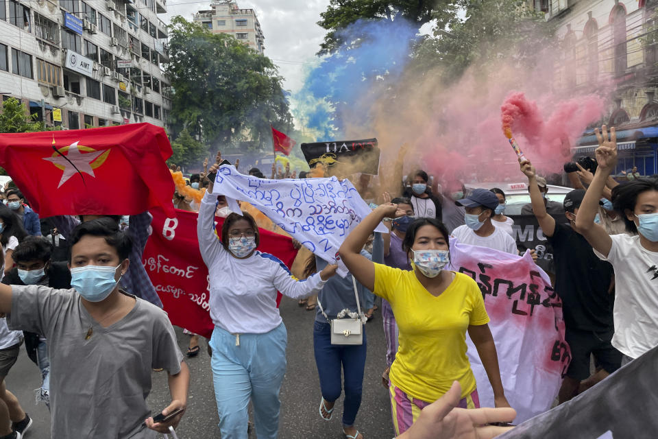 FILE - In this July 7, 2021, file photo, students protest against the February military takeover by the State Administration Council as they march at Kyauktada township in Yangon, Myanmar. U.N. Secretary-General Antonio Guterres bracketed Myanmar with Afghanistan and Ethiopia as nations for whose people “peace and stability remain a distant dream" in a speech last Tuesday, Sept. 21, 2021, to open the annual U.N. General Assembly. (AP Photo/File)