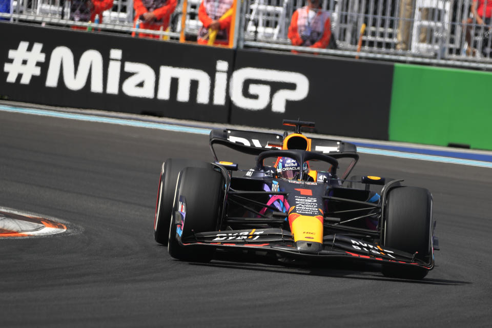 MIAMI GARDENS, FL - MAY 07: Oracle Red Bull Racing Honda driver Max Verstappen #1 enters turn 1 during the running of the Formula 1 Crypto.com Miami Grand Prix at Miami International Autodrome in Miami Gardens, FL. (Photo by Jeff Robinson/Icon Sportswire via Getty Images)