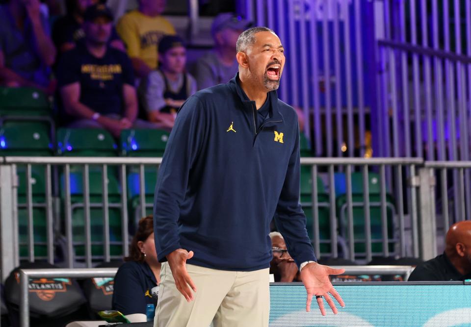 Michigan Wolverines coach Juwan Howard reacts during the first half against the Texas Tech Red Raiders at Imperial Arena in the Battle 4 Atlantis fifth-place game at Paradise Island, Bahamas, on Friday, Nov. 24, 2023.