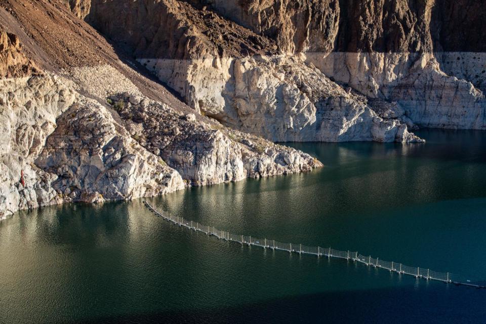 PHOTO: Lake Mead, the country's largest man-made water reservoir, formed by Hoover Dam on the Colorado River in the Southwestern United States, has risen slowly to 47% capacity as viewed, Aug. 14, 2023, near Boulder City, Nev.  (George Rose/Getty Images)