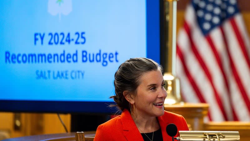 Salt Lake City Mayor Erin Mendenhall shares the 2024-25 recommended budget at a Salt Lake City Council meeting Tuesday.