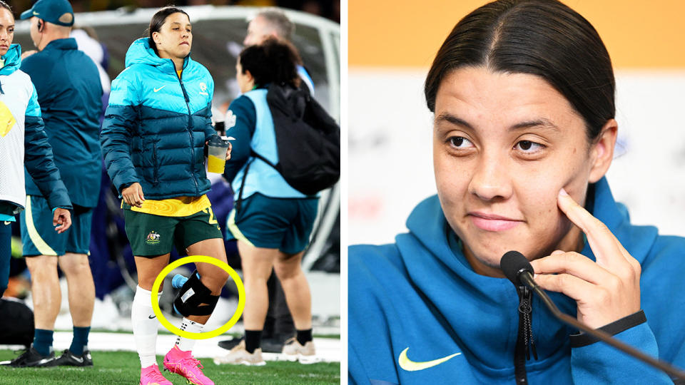 Sam Kerr walking with an injured calf and Kerr during an interview.