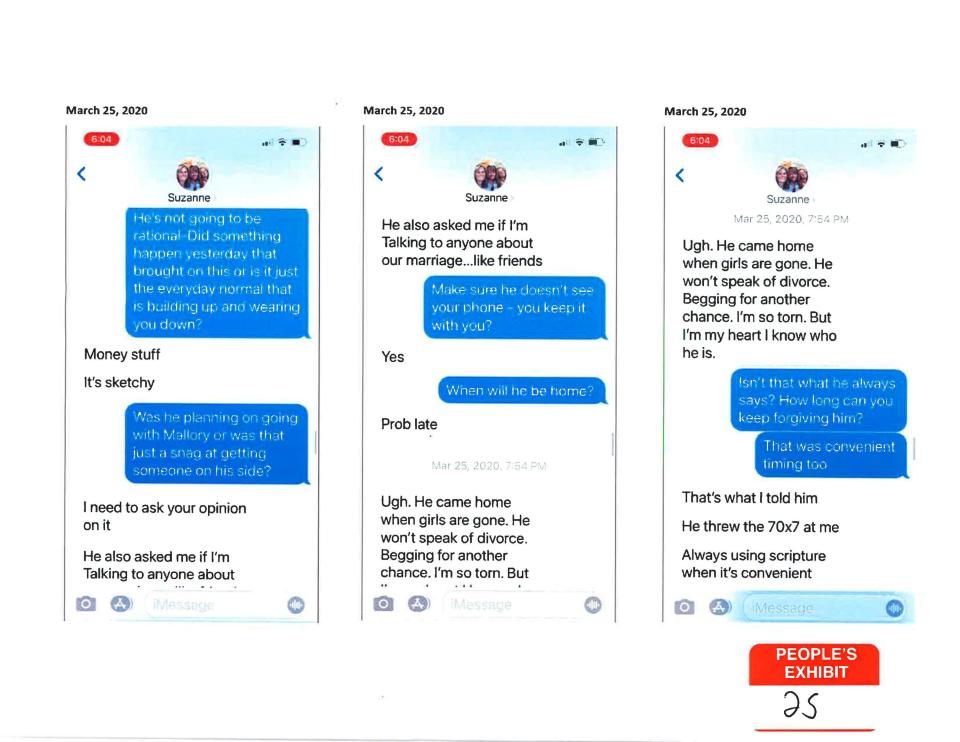 A slew of  text messages between Suzanne Morphew and a close friend in the months and days leading up to her disappearance reveal the Morphews' marriage remained rocky.  / Credit: Chaffee County District Court