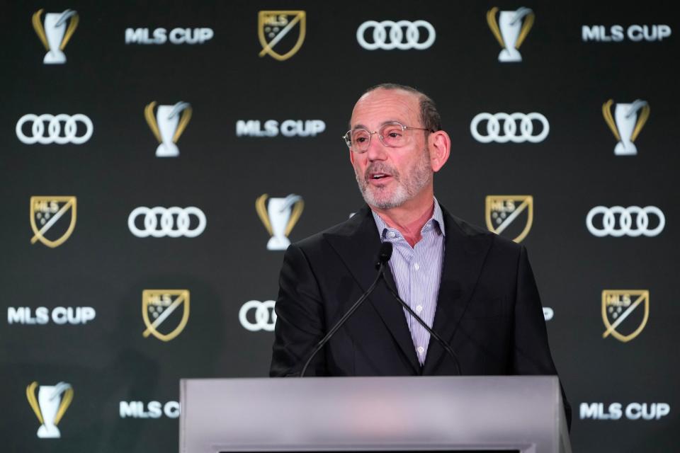 Dec 8, 2023; Columbus, OH, USA; MLS Commissioner Don Garber gives the State of the League Address and answers media questions prior to the MLS Cup presented by Audi at Lower.com Field. Mandatory Credit: Adam Cairns-USA TODAY Sports