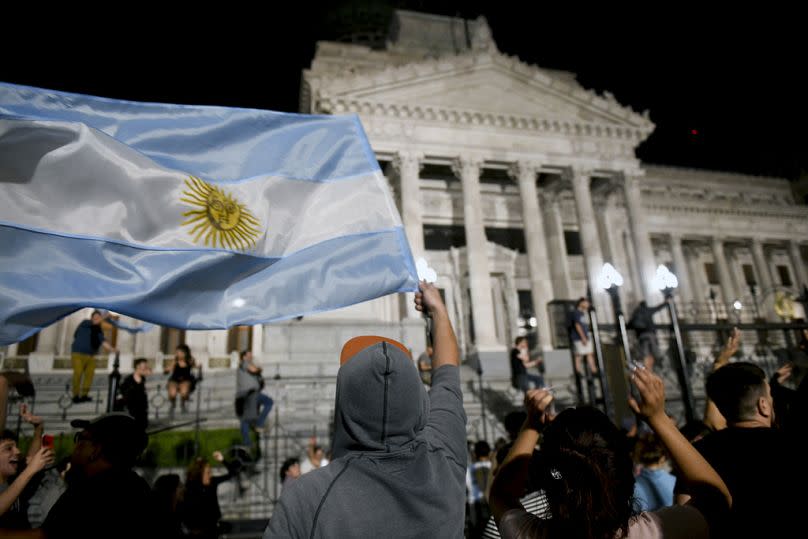 People protest in front of the National Congress after President Javier Milei's message announcing new economic measures in Buenos Aires, December 21, 2023