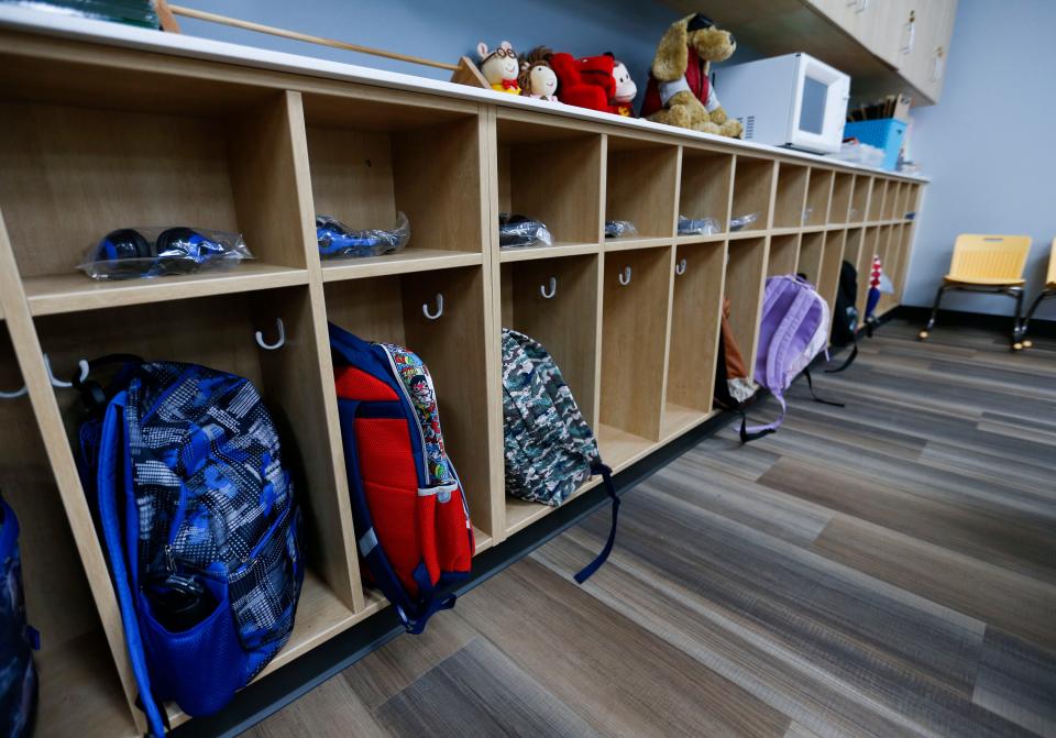 Cubbies hold students' belongings at the new Delaware Elementary on the first day of school Aug. 24 in Springfield, Mo.