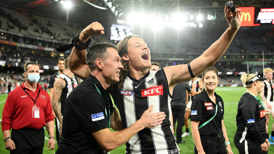 Collingwood young gun Jack Ginnivan was fired up after Friday night's win over the Saints, describing it as 'light work' on camera afterwards. (Photo by Quinn Rooney/Getty Images)