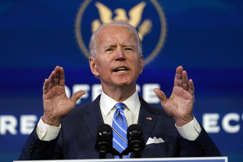 President-elect Joe Biden speaks about the COVID-19 pandemic during an event at The Queen theater, Thursday, Jan. 14, 2021, in Wilmington, Del. (AP Photo/Matt Slocum)