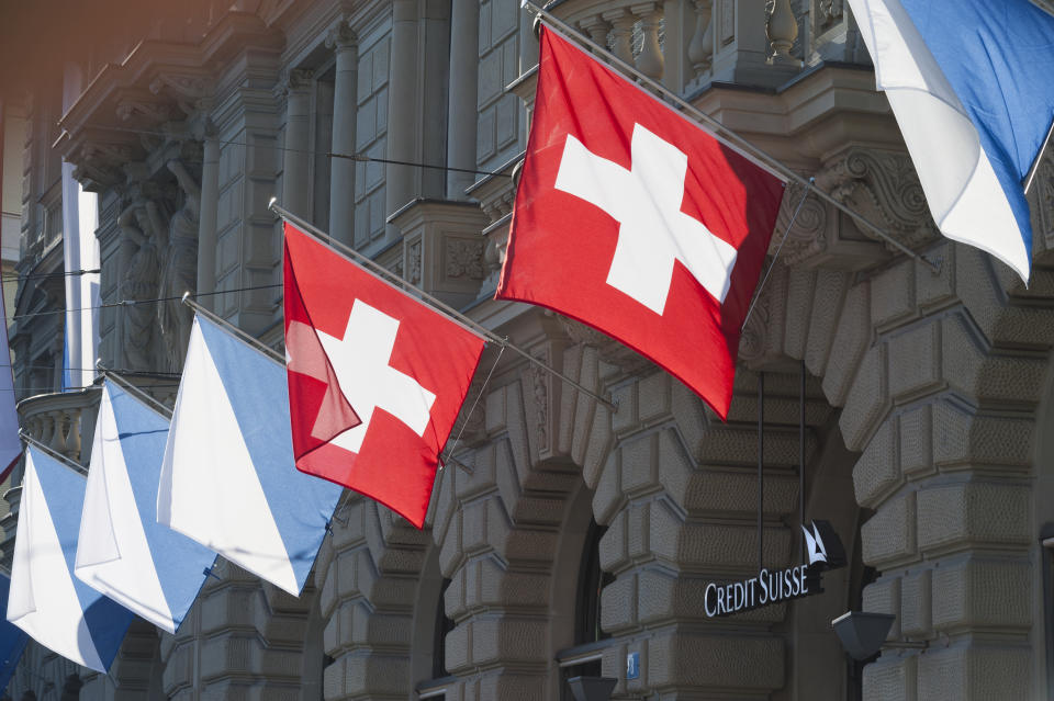 Main entrance of Credit Suisse, Switzerland's second largest bank at the company's headquarters at Zurich Paradeplatz on September 9, 2012.