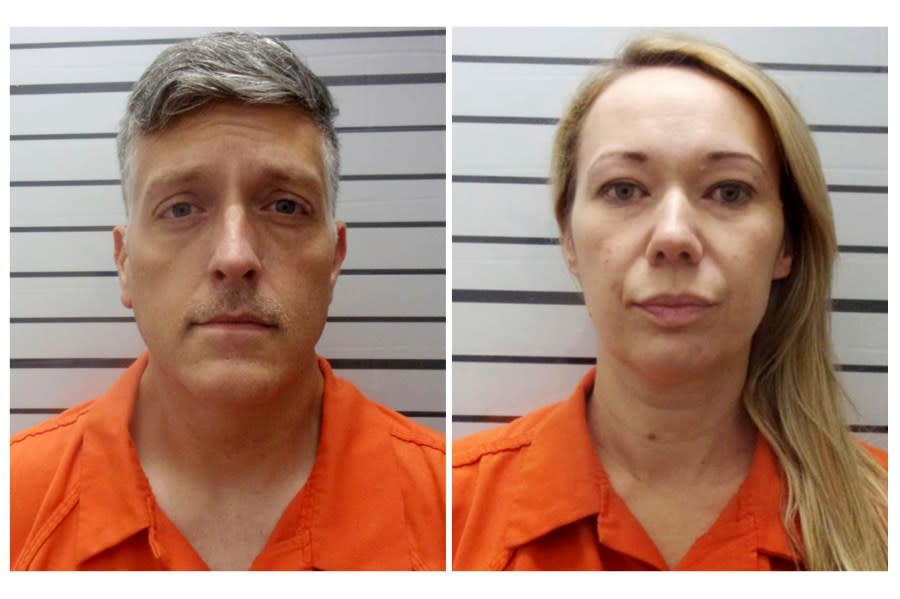 FILE – This combination of booking photos provided by the Muskogee County, Okla., Sheriff’s Office shows Jon Hallford, left, and Carie Hallford, the owners of Return to Nature Funeral Home. Prosecutors were set to lay out their case Thursday, Feb. 8, 2024, against Jon Hallford, a former co-owner of the Colorado funeral home where nearly 200 bodies, some of them stacked and partially covered, were found last year in a building infested with flies and maggots. (Muskogee County Sheriff’s Office via AP, File)