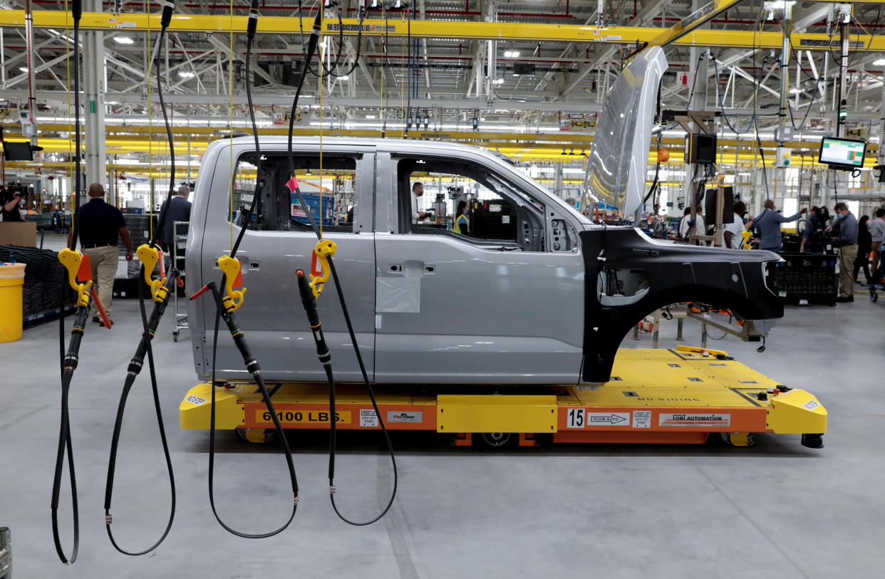 The cab to a Ford all-electric F-150 Lightning truck prototype is seen on an automated guided vehicle (AGV) at the Rouge Electric Vehicle Center in Dearborn, Michigan, U.S. September 16, 2021.   REUTERS/Rebecca Cook
