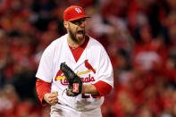 ST LOUIS, MO - OCTOBER 28: Chris Carpenter #29 of the St. Louis Cardinals reacts after striking out Michael Young #10 of the Texas Rangers to end the top of the fifth inning during Game Seven of the MLB World Series at Busch Stadium on October 28, 2011 in St Louis, Missouri. (Photo by Jamie Squire/Getty Images)