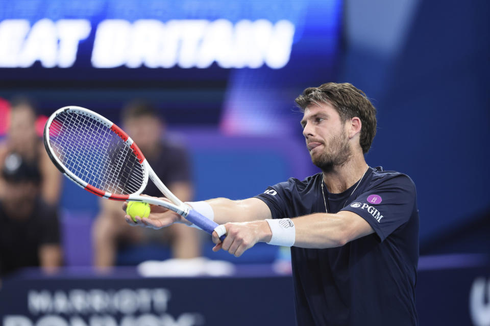 Cameron Norrie of Britain prepares to serve during his match against Alex de Minaur of Australia during the United Cup tennis tournament in Perth, Australia, Friday, Dec. 29, 2023. (AP Photo/Trevor Collens)