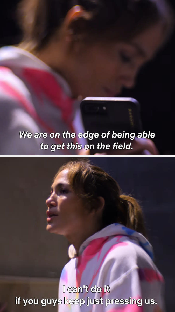 Jennifer saying they're about to go on the field, but she can't do it if people keep putting pressure on her
