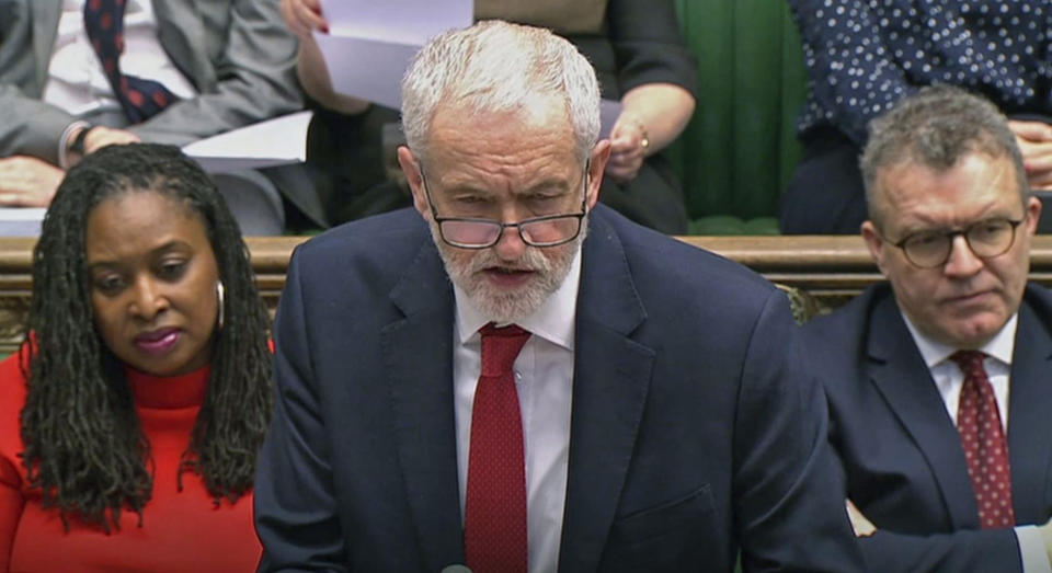 In this grab taken from video, Britain's Labour leader Jeremy Corbyn speaks during Prime Minister's Questions in the House of Commons, London, Wednesday April 3, 2019. With Britain racing toward a chaotic exit from the European Union within days, Britain's Prime Minister Theresa May veered away from the cliff-edge Tuesday, saying she would seek another Brexit delay and hold talks with the opposition to seek a compromise. (House of Commons/PA via AP)