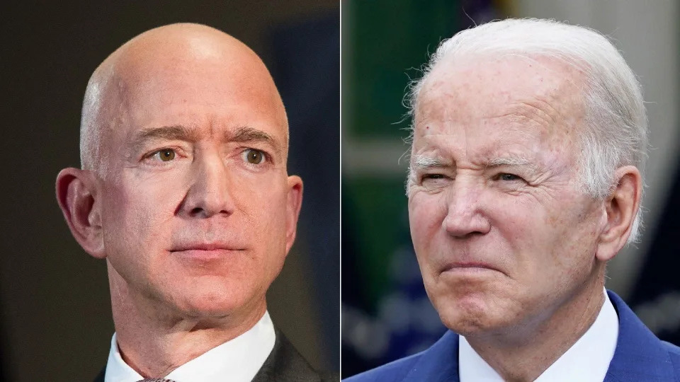 Close-up photos of Jeff Bezos and President Joe Biden side by side