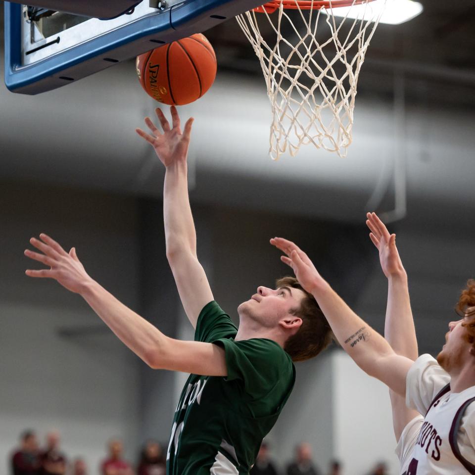 Hamilton's Ethan Nagel shoots a layup inside SRC Arena at Onondaga Community College in Syracuse, NY on Sunday, March 5, 2023. Hamilton went on to defeat Sackets Harbor 58-34 and secured the 2022-23 Section III Class D Sectional Championship.