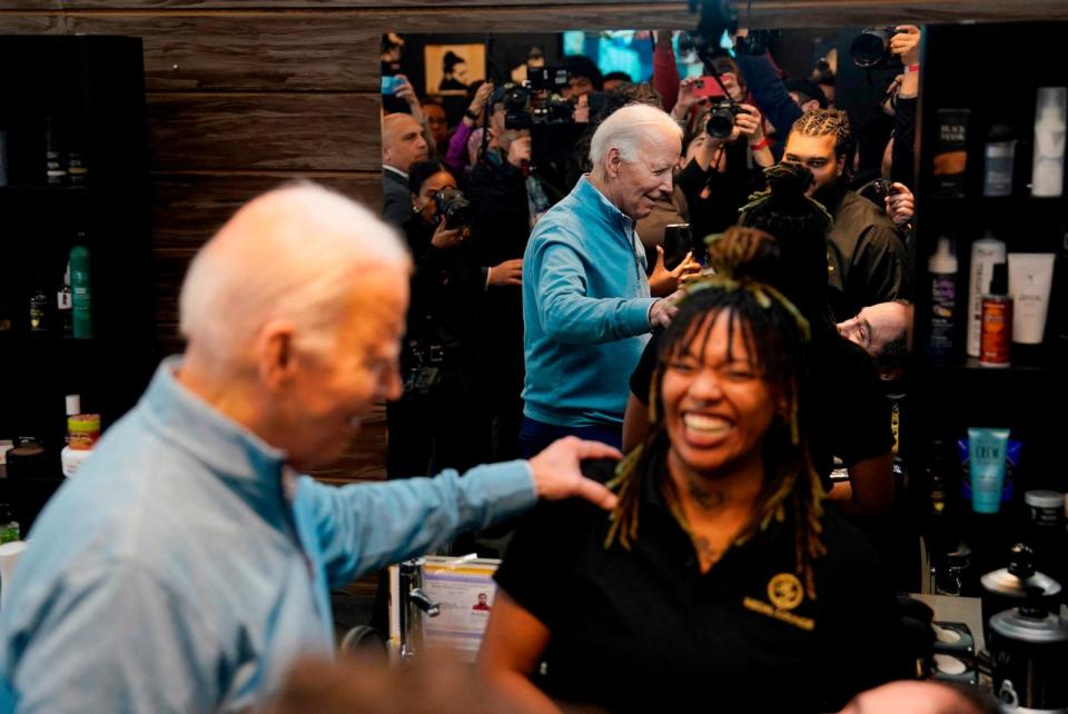 PHOTO: President Joe Biden visits Regal Lounge, a Men's Barber and Spa, in Columbia, South Carolina, before speaking at the South Carolina's First in the Nation Dinner at the South Carolina State Fairgrounds on Jan. 27, 2024. (Kent Nishimura/AFP via Getty Images)